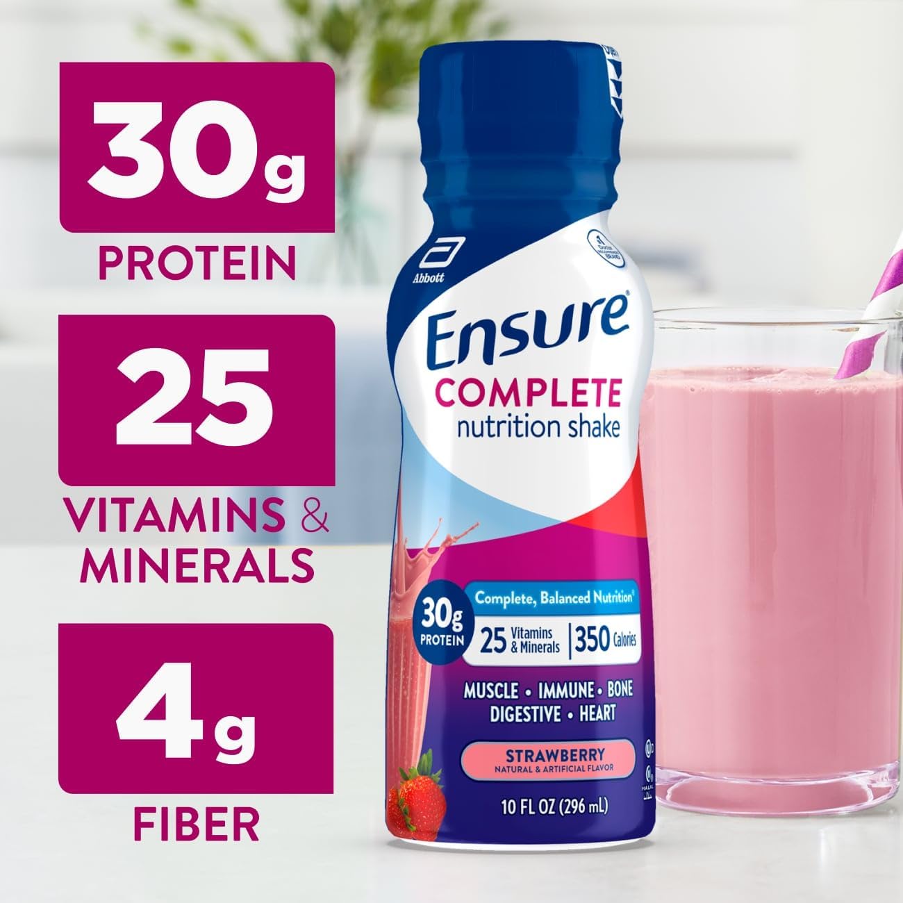 Ensure COMPLETE Strawberry Nutrition Shake, Balanced Meal Replacement, 24pk