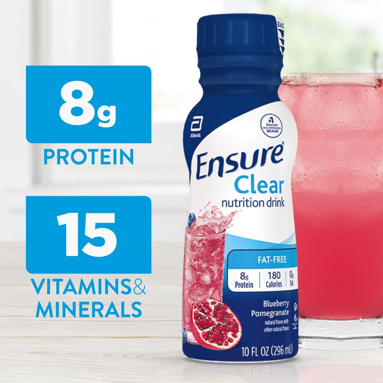 Ensure Liquid Clear Nutrition Drink, 0g fat, 8g of protein, Blueberry Pomegranate, 10 Fl Oz (Pack of 12), Bottle, gluten free