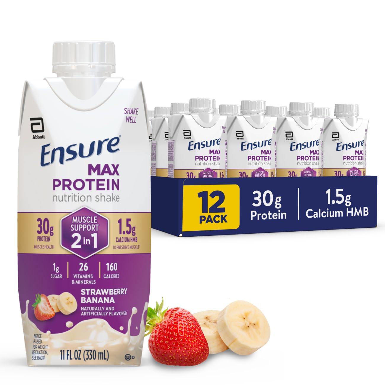 Ensure Max Protein 2-in-1 Strawberry Banana, 30g High Protein, HMB 12 pack