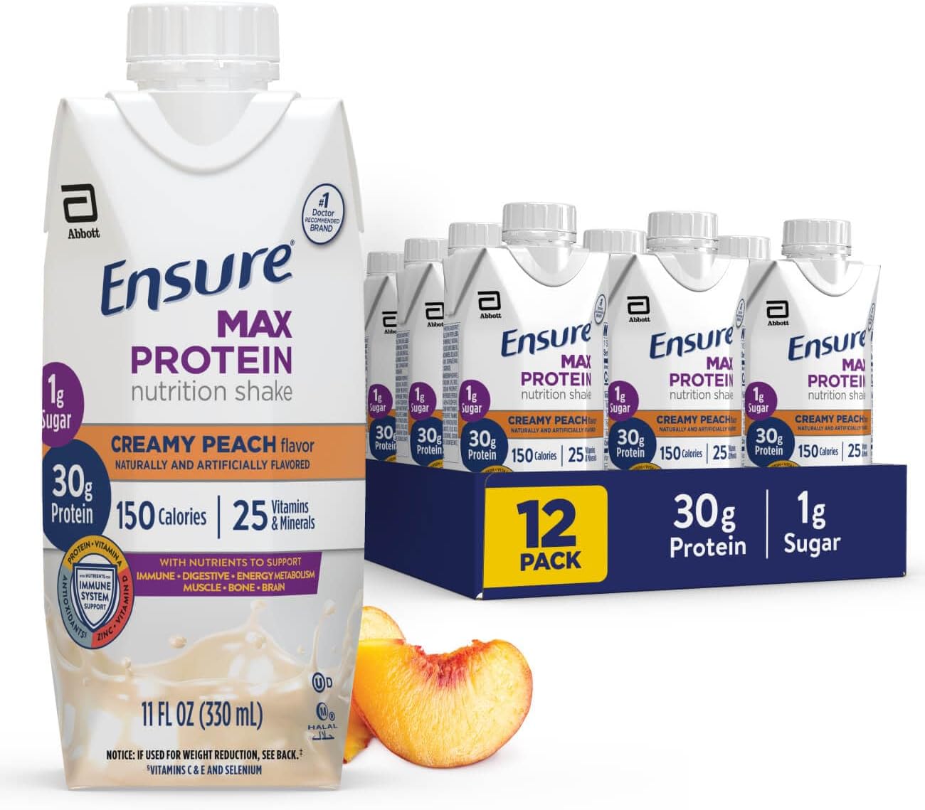 Ensure Max Protein Creamy Peach Shake, 30g High Protein, 12 Pack