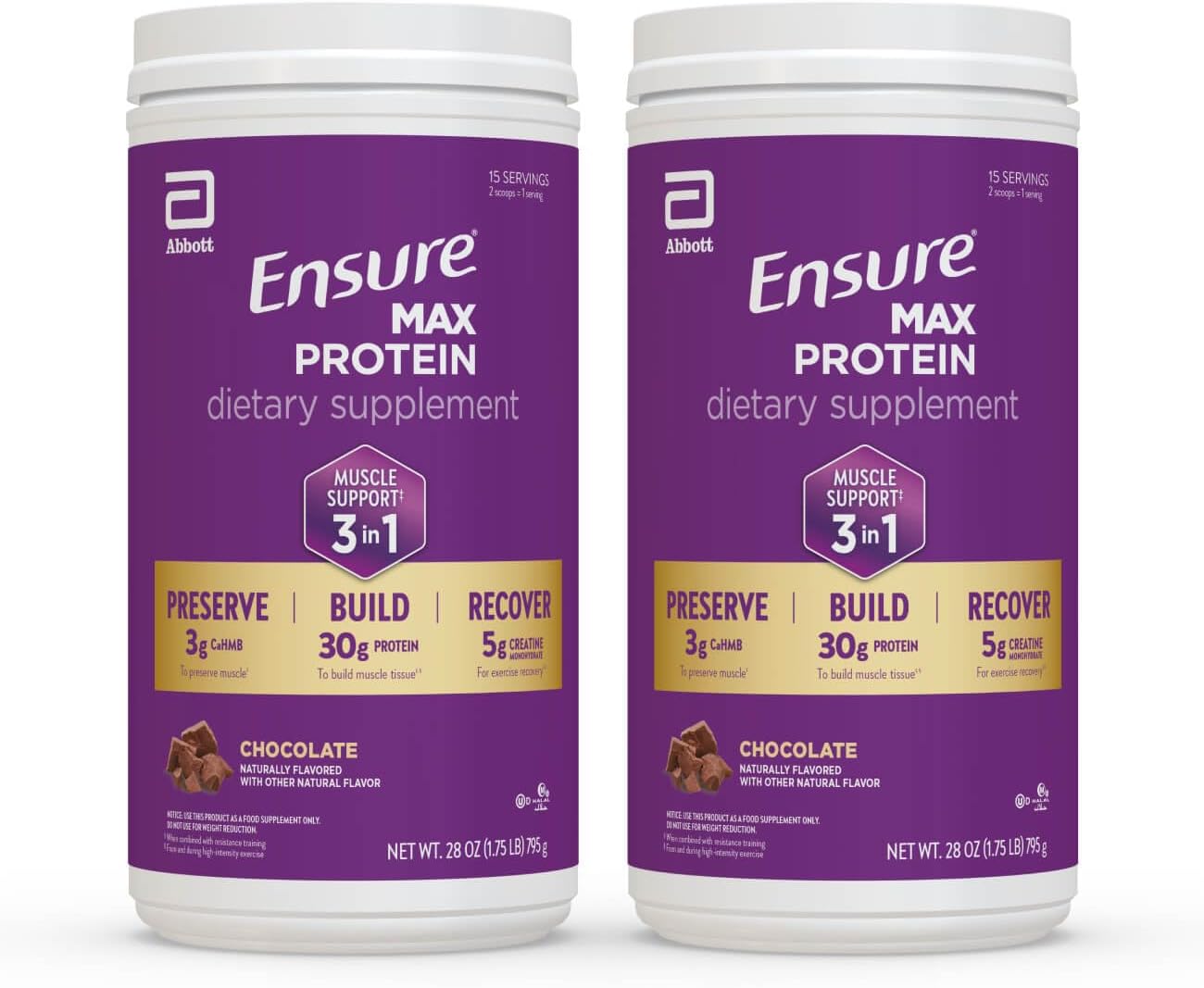 Ensure Max Protein 3-in-1, Chocolate Powder, 30g Protein, Creatine, 2 Pack