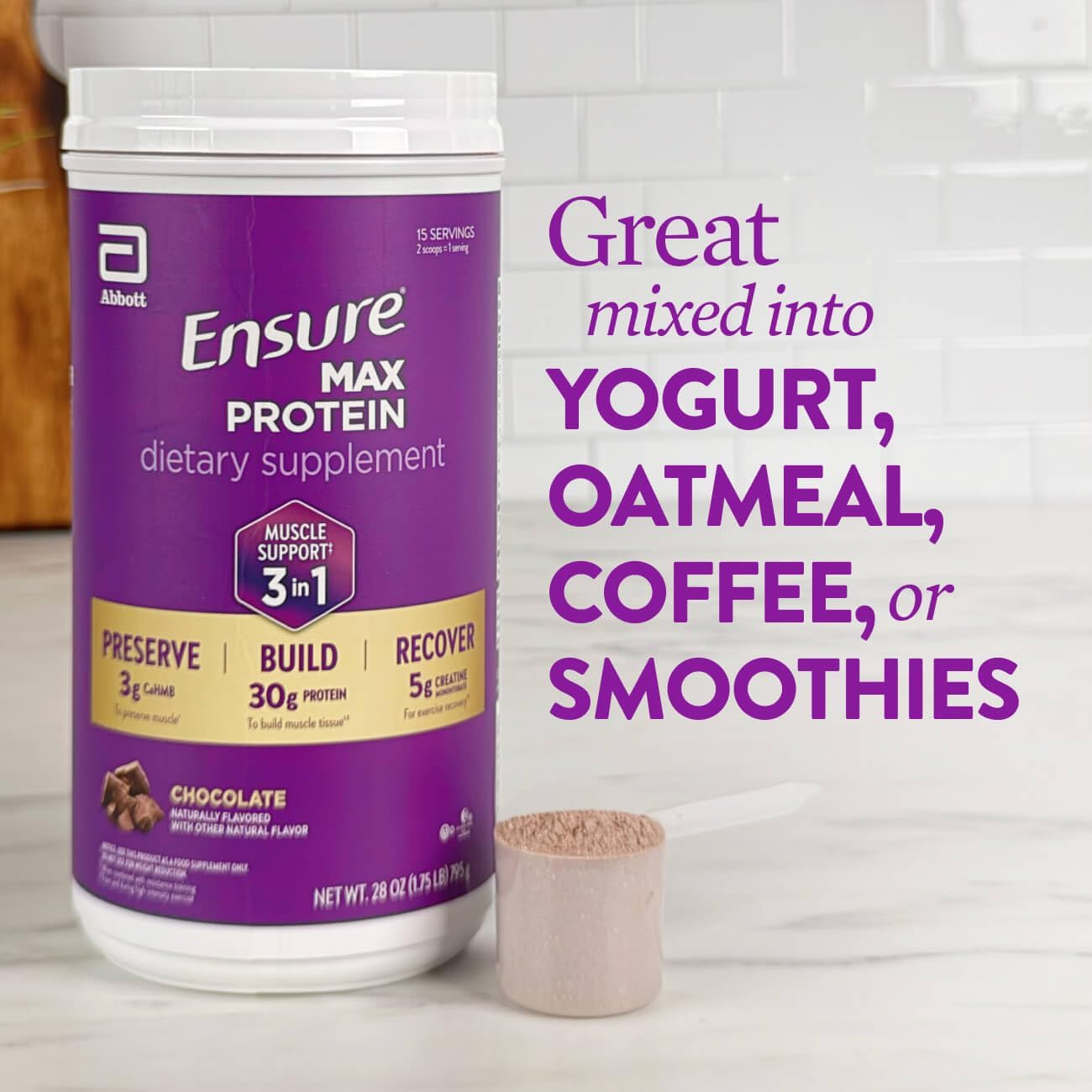 Ensure Max Protein 3-in-1, Chocolate Powder, 30g Protein, Creatine, 2 Pack