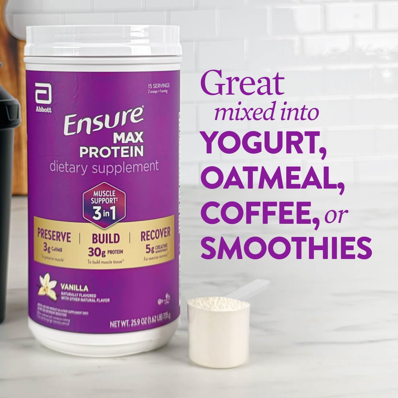 Ensure Max Protein 3-in-1, Vanilla Powder, 30g Protein, Creatine, 2 Pack