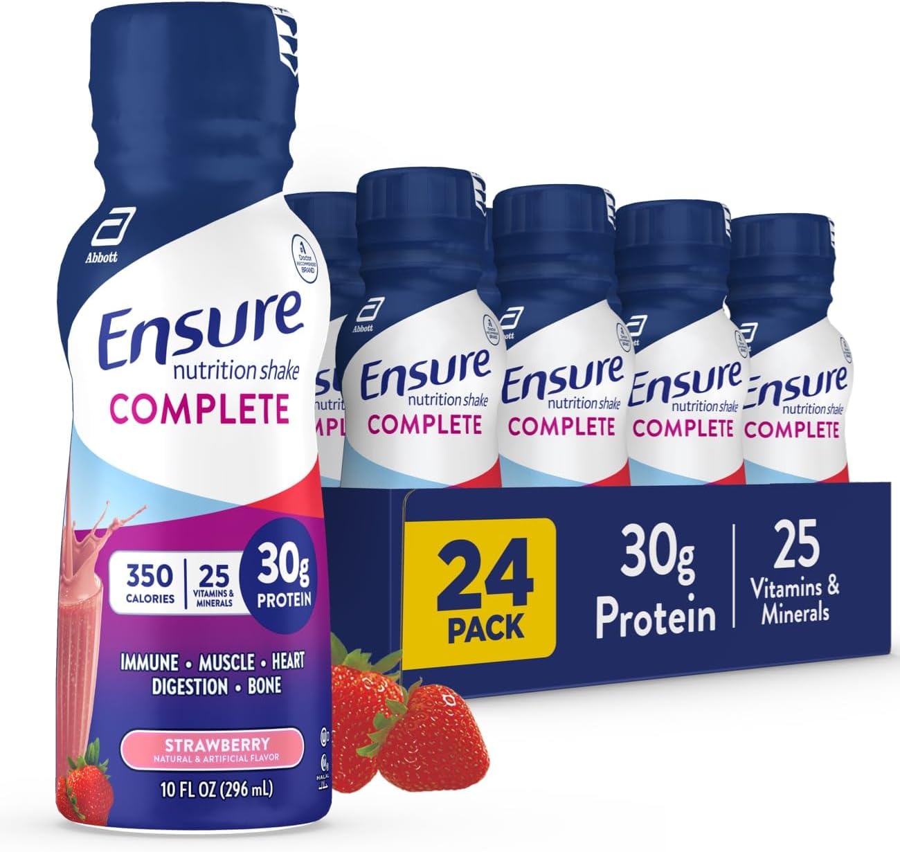 Ensure COMPLETE Nutrition Shake with 30g Protein, Immune Health Nutrients, Chocolate and Strawberry Flavors, Packs of 24 (10 fl oz)