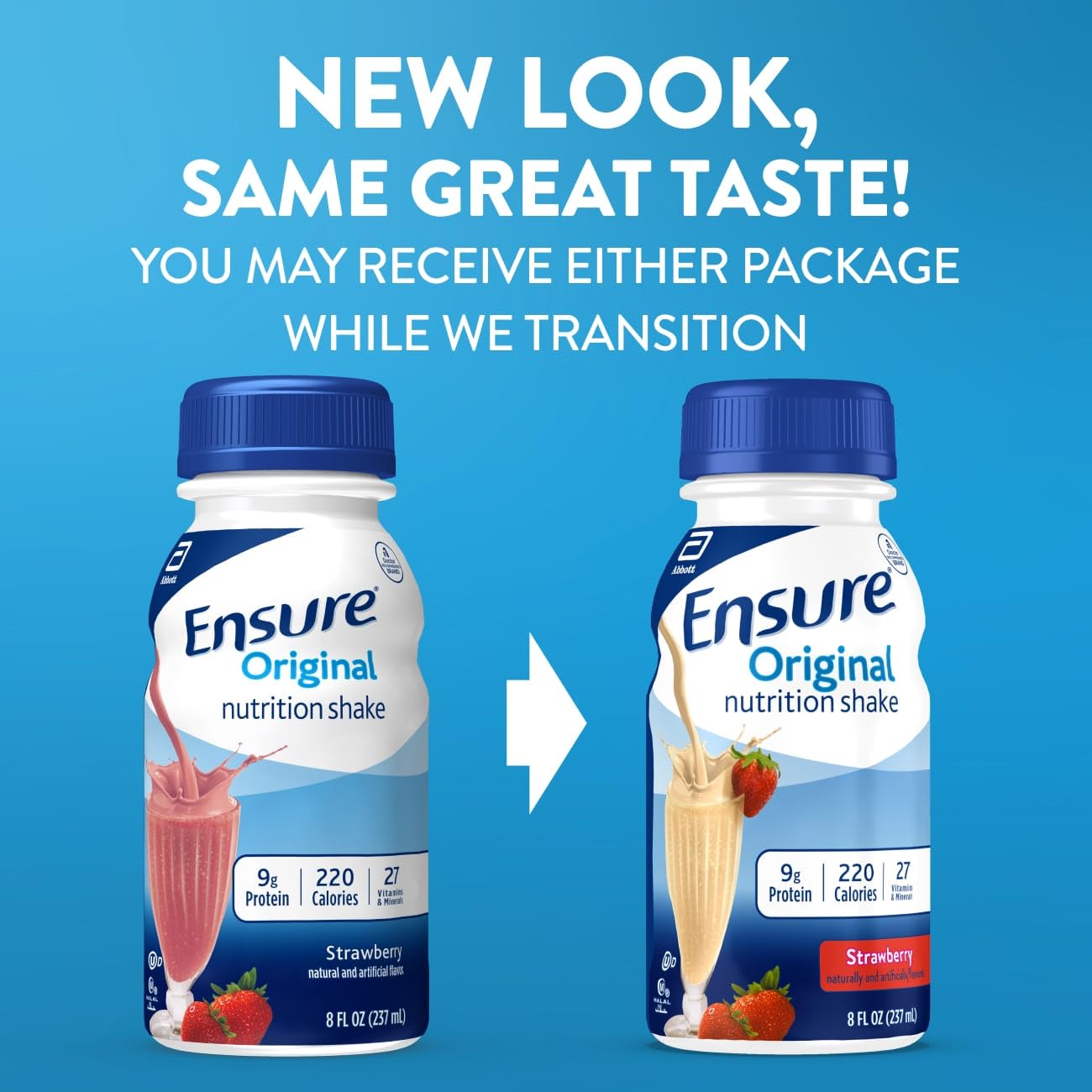 Ensure Original Strawberry Nutrition Shake | Small Meal Replacement Shake | Ready To Drink | 9g Protein, 27 Vitamins and Minerals | 8 fl oz - 16 Pack