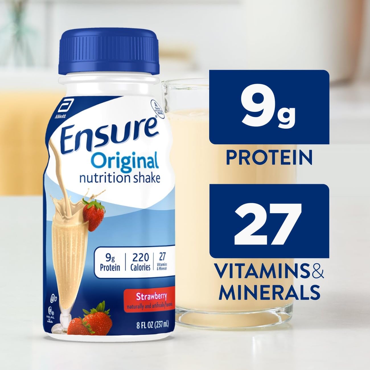 Ensure Original Strawberry Nutrition Shake | Small Meal Replacement Shake | Ready To Drink | 9g Protein, 27 Vitamins and Minerals | 8 fl oz - 16 Pack