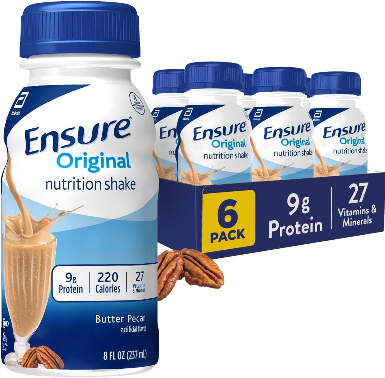 Ensure Original Butter Pecan Nutrition Shake | Small Meal Replacement Shake | Ready To Drink | 9g Protein, 27 Vitamins and Minerals | 8 fl oz - 6 Pack
