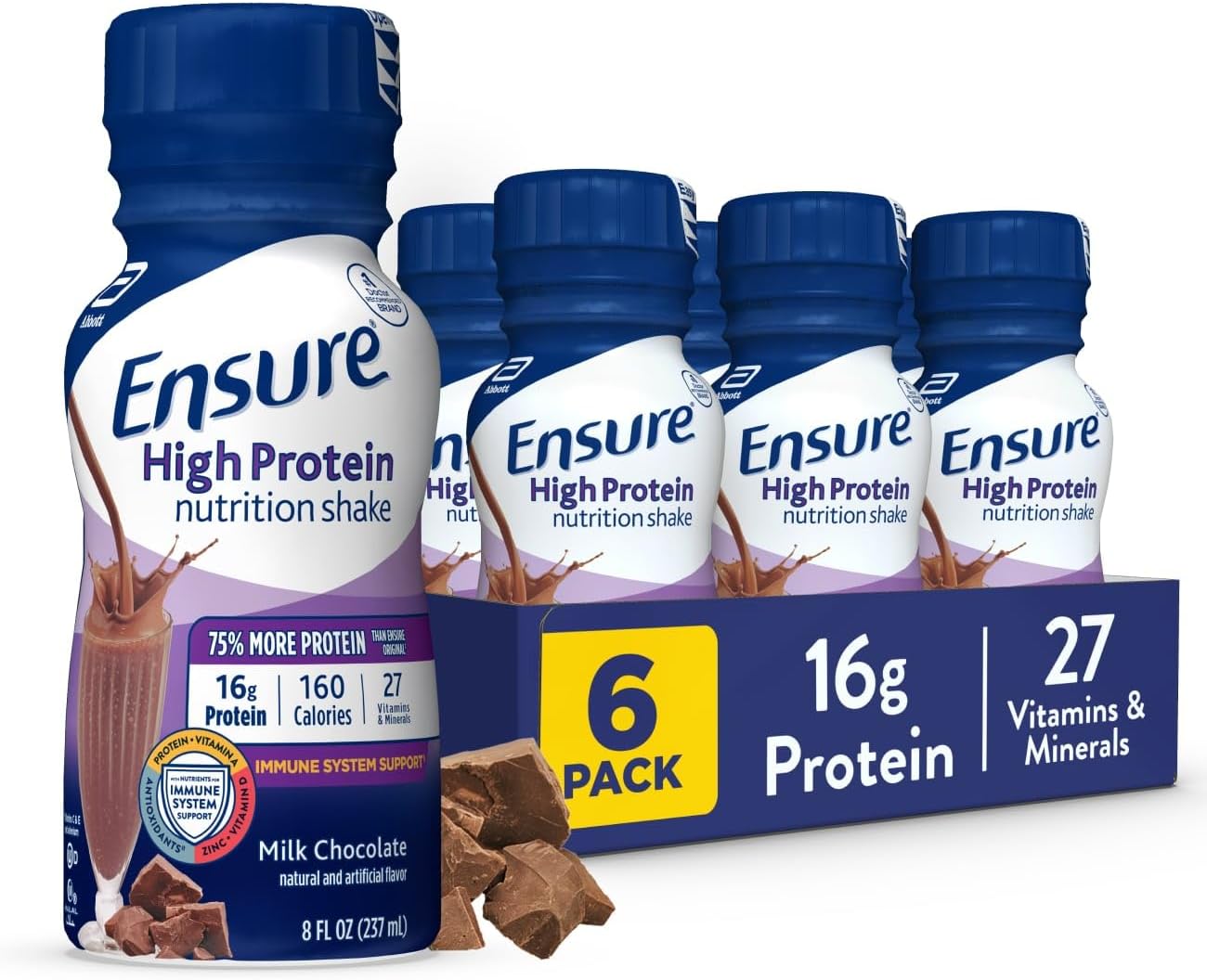 Ensure High Protein Milk Chocolate Nutrition Shake, Ready to Drink, 16g Protein and 27 Vitamins and Minerals, 8 fl oz, 6 Pack