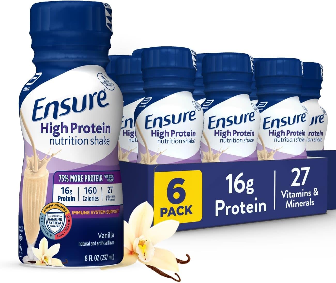 Ensure High Protein Vanilla Nutrition Shake with Fiber, Ready to Drink, 16g Protein and 27 Vitamins and Minerals, 8 fl oz, 6 Pack