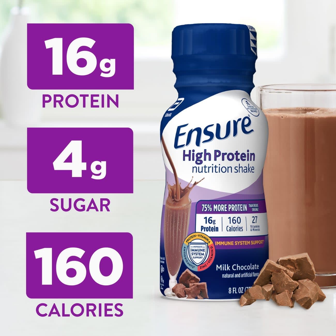 Ensure High Protein Milk Chocolate Nutrition Shake, Ready to Drink, 16g Protein and 27 Vitamins and Minerals, 8 fl oz, 24 Pack