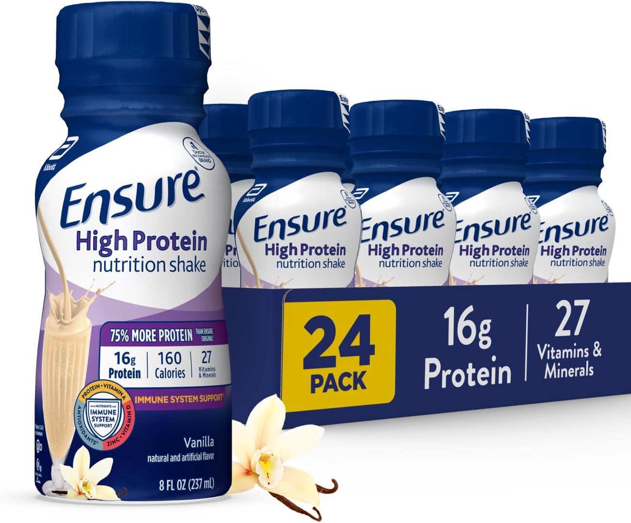 Ensure High Protein Vanilla Nutrition Shake with Fiber, Ready to Drink, 16g Protein and 27 Vitamins and Minerals, 8 fl oz, 24 Pack