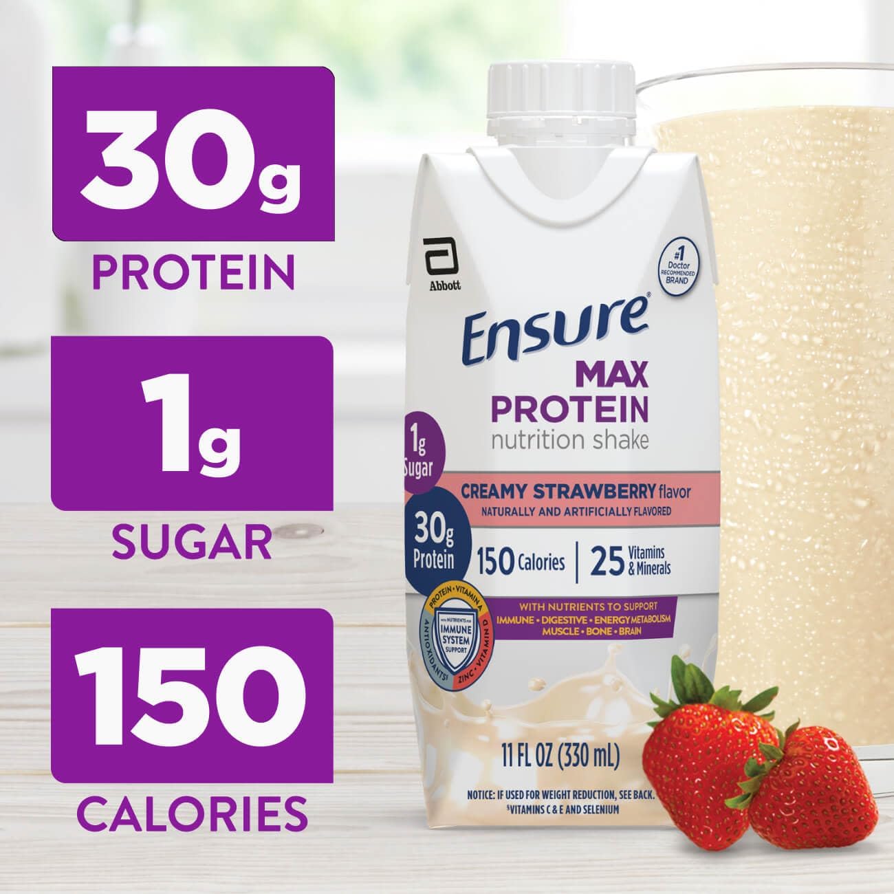 Ensure Max Protein Creamy Strawberry Shake, 30g High Protein, 12 Pack