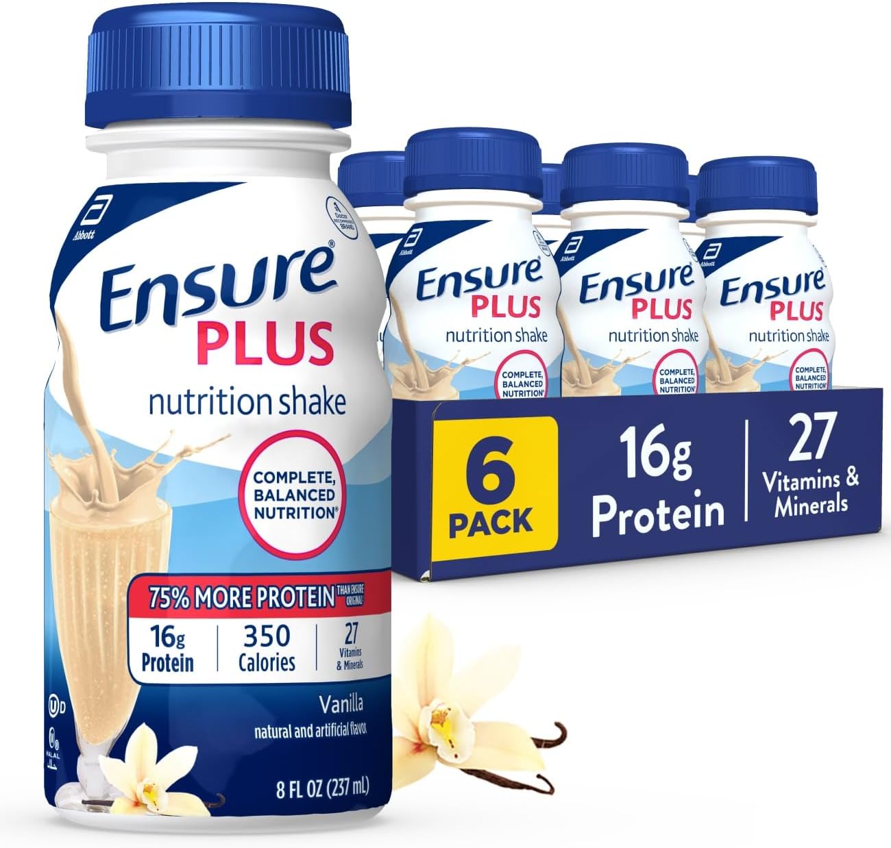 Ensure Plus Vanilla Nutrition Shake | Meal Replacement Shake | Ready To Drink | 16g Protein and 27 Vitamins and Minerals | 8 fl oz - 6 Pack