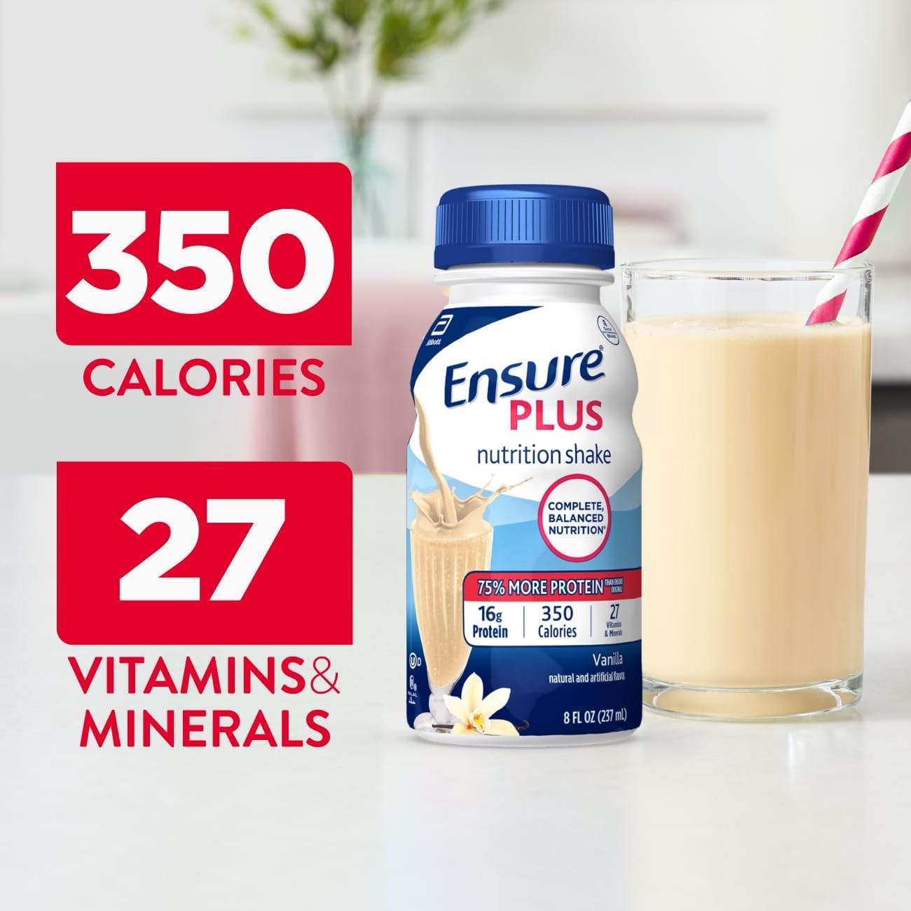 Ensure Plus Vanilla Nutrition Shake | Meal Replacement Shake | Ready To Drink | 16g Protein and 27 Vitamins and Minerals | 8 fl oz - 6 Pack